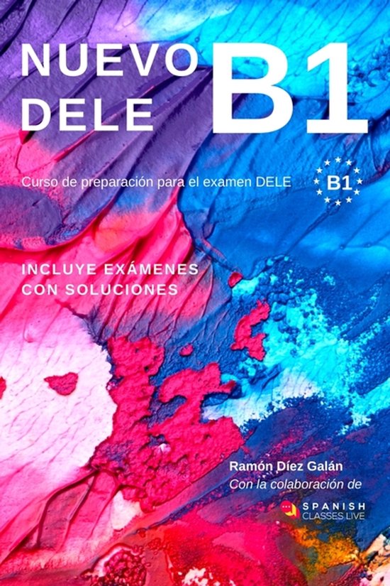 Studieboek Nuevo DELE B1 met abstracte blauwe en roze olieverftextuur op de cover.