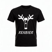 T-shirt Unisex Volwassenen Fout Foute Kerst Kerstmis Bier Man Grappig Tekst "Renbier" met gewei Rendier Op Voorkant | korte mouw | Zwart/Wit | maat XXXL