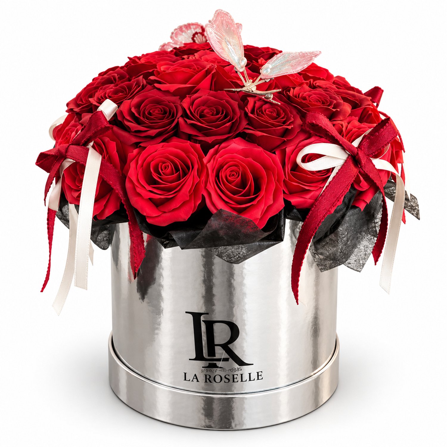 La Roselle Amsterdam Luxe 40 Geurende Rood Kunst Rozenboeket in Zilverkleurige Flowerbox met Decoratieve Vlinder, Rode en Witte Satijnen Strikken en Elegante Geschenkverpakking
