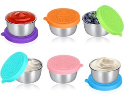 Dipschaal - met siliconen deksel - Snack Dipschaal - Dip Schaaltjes - Sauskom - Serveerbord - Lekvrij - Duurzaam - voor saladedressings, dipsauzen, sauzen, Snacks - 6 stuks - RVS