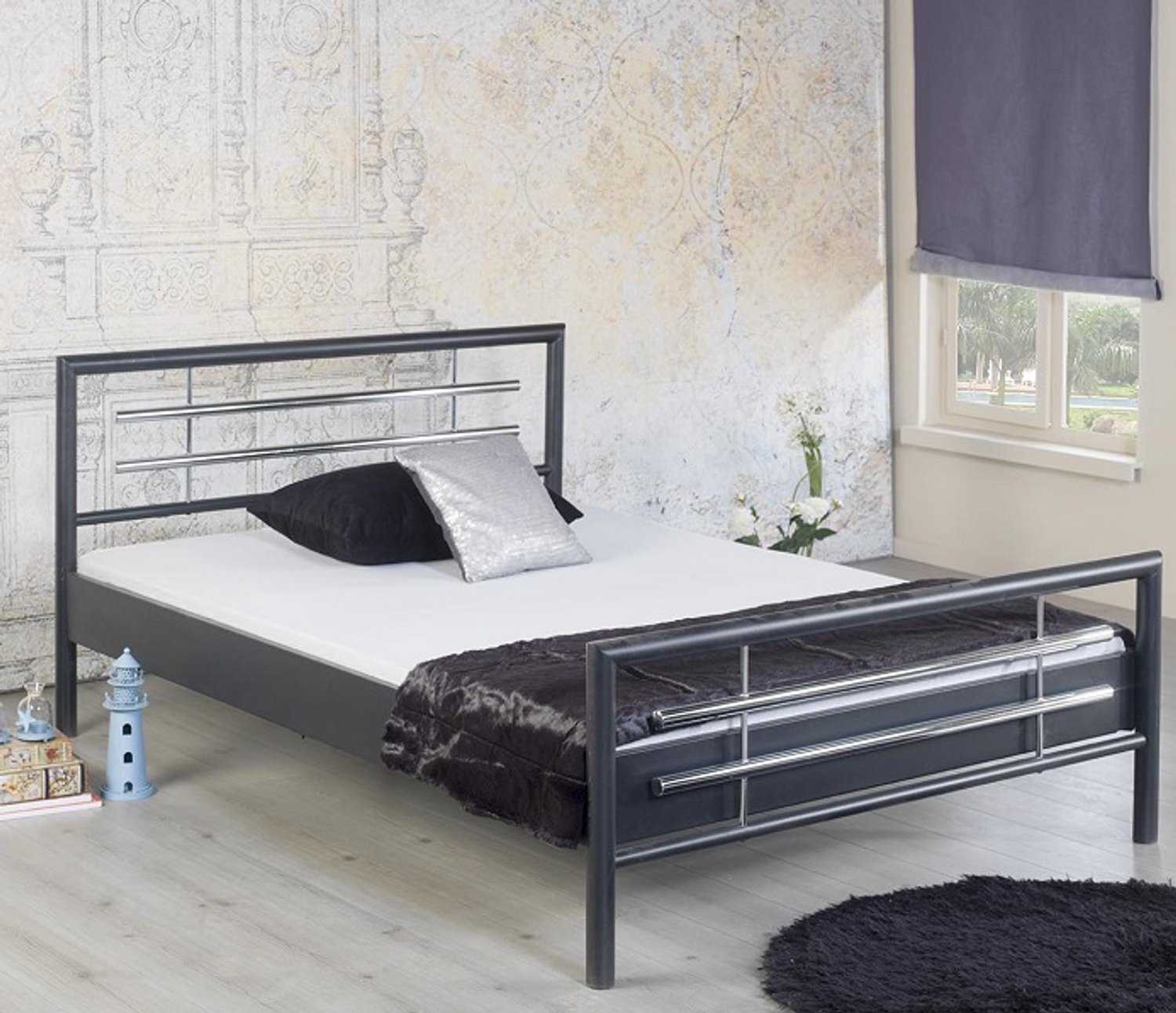 Bed Box Wonen Holly metalen bed Antraciet/Chroom 140x200 cm Zwart