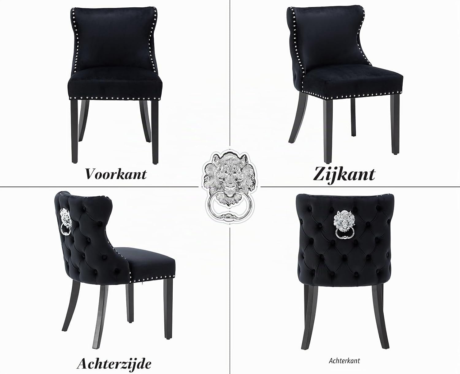 Luxe Zwarte Fluwelen Eetkamerstoelen Set van 2 – Scandinavische Gestoffeerde Keukenstoelen met Gecapitonneerde Rugleuning, Comfortabele Zitting en Massief Houten Poten, Moderne Eetkamerstoelen voor Keuken, Woonkamer en Restaurant, 52 x 49 x 83 cm