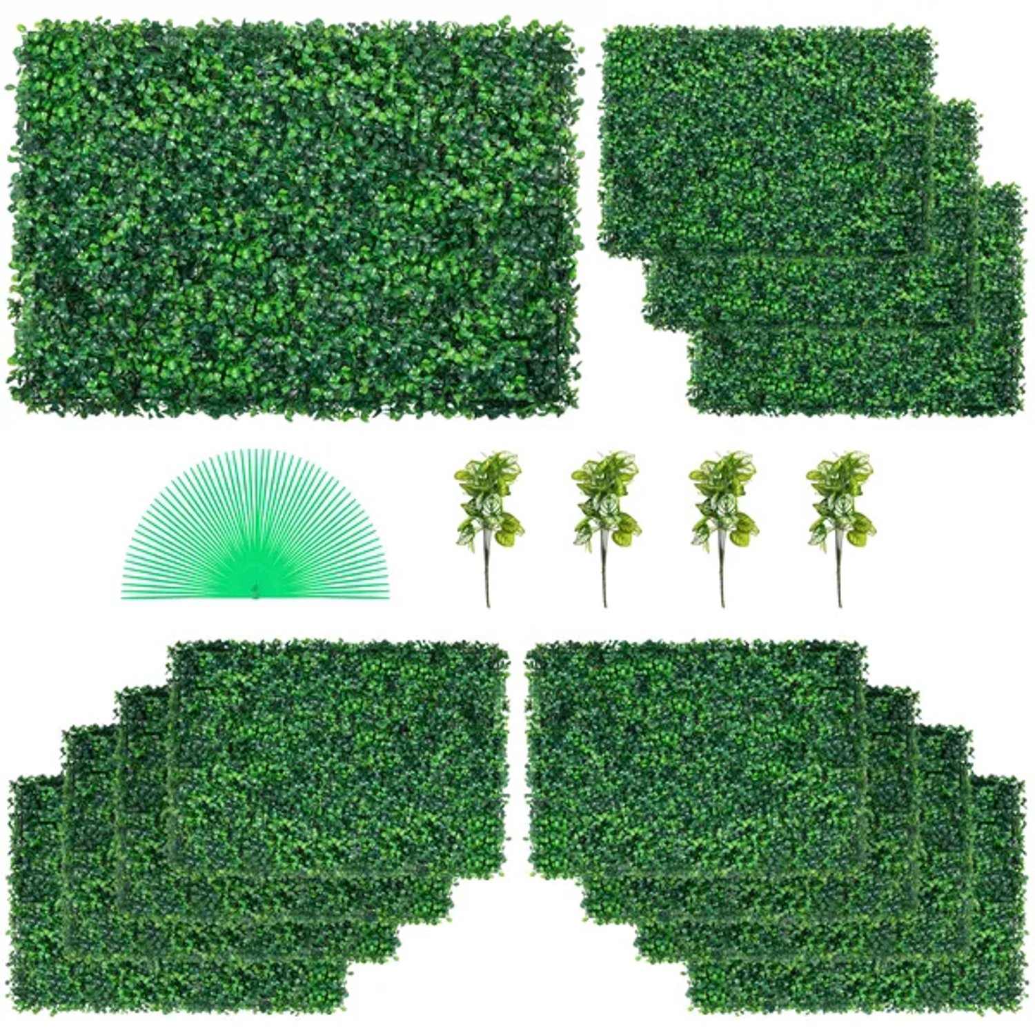 Kunstmatige buxuspanelen - 12 stuks-UV-bestendig-24x16 inch- 4cm dik-kunstgras achtergrondmuur- nephaag privacy schutting voor binnen, buiten, tuin en achtertuin- eenvoudig te installeren