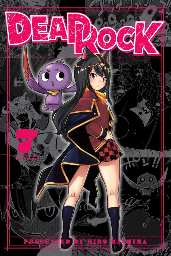Dead Rock deel 7 mangacover met een meisje met kattenoren en een paars wezen tegen een zwart-witte achtergrond.