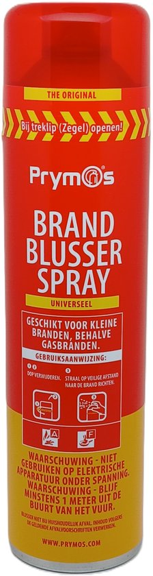 Rode Prymos brandblusspray in spuitbus met veiligheidsklep, gebruiksaanwijzing en waarschuwingen in het Nederlands.