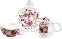 Queen Isabell kop, schotel en glazen theepot versierd met een rozenpatroon en tekst 'Limited Edition'.
