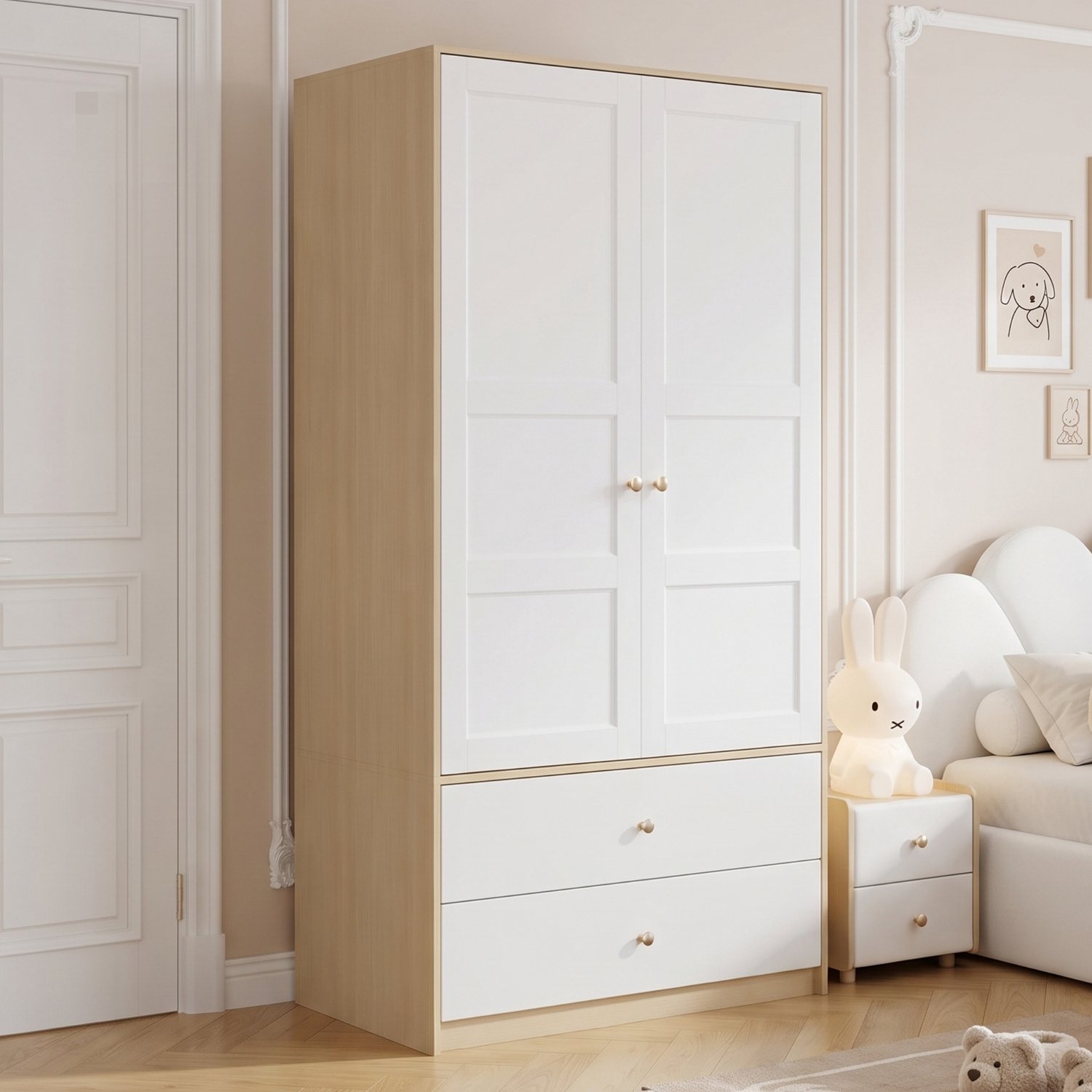 Clruro Kledingkast - 100×48×180 cm - 2 Deuren - 2 Laden en Kledingroede - MDF - Wit/Naturel Natuurlijk+wit