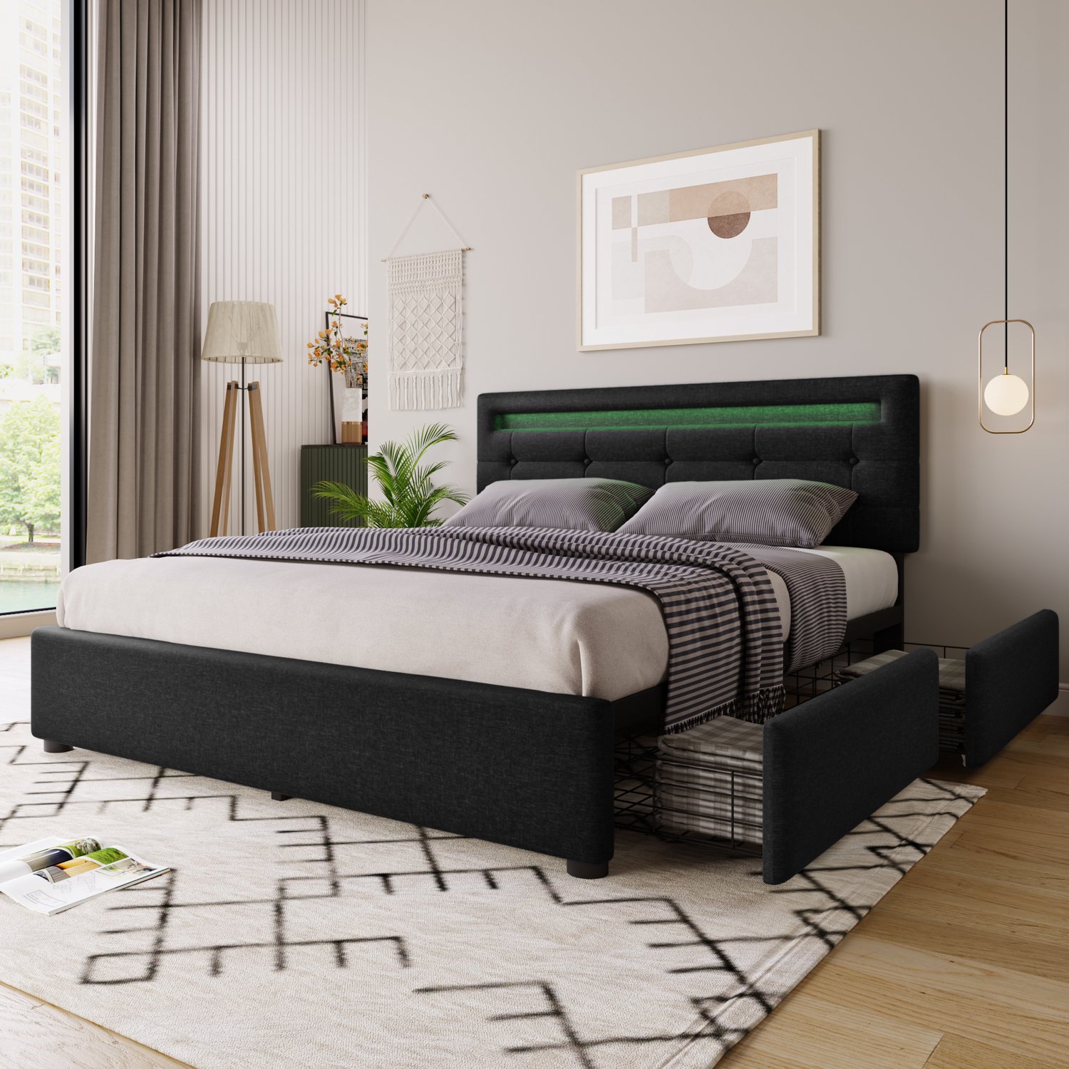 MUVANO Gestoffeerd bed 140x200 inclusief matras - tweepersoonsbed met 4 opberglades - LED-hoofdbord - linnen - verstelbaar hoofdbord voor slaapkamer, zwart