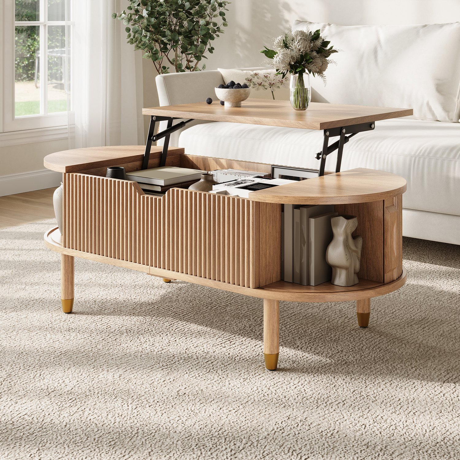 Wishdor Ovale salontafel - Hydraulisch verstelbaar hefblad met opbergruimte - Twee geribbelde schuifdeuren - Vintage uitstraling - Woonkamer - MDF en houten poten - Naturel - 110 x 48 x 57 cm