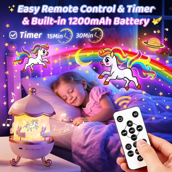 Carrouselprojectorlamp - Nachtlampje voor kinderen - 6 lichtpanelen + 8 geluidseffecten - Muziekdoos - Verjaardagscadeau voor meisjes van Oemmn — afbeelding 5
