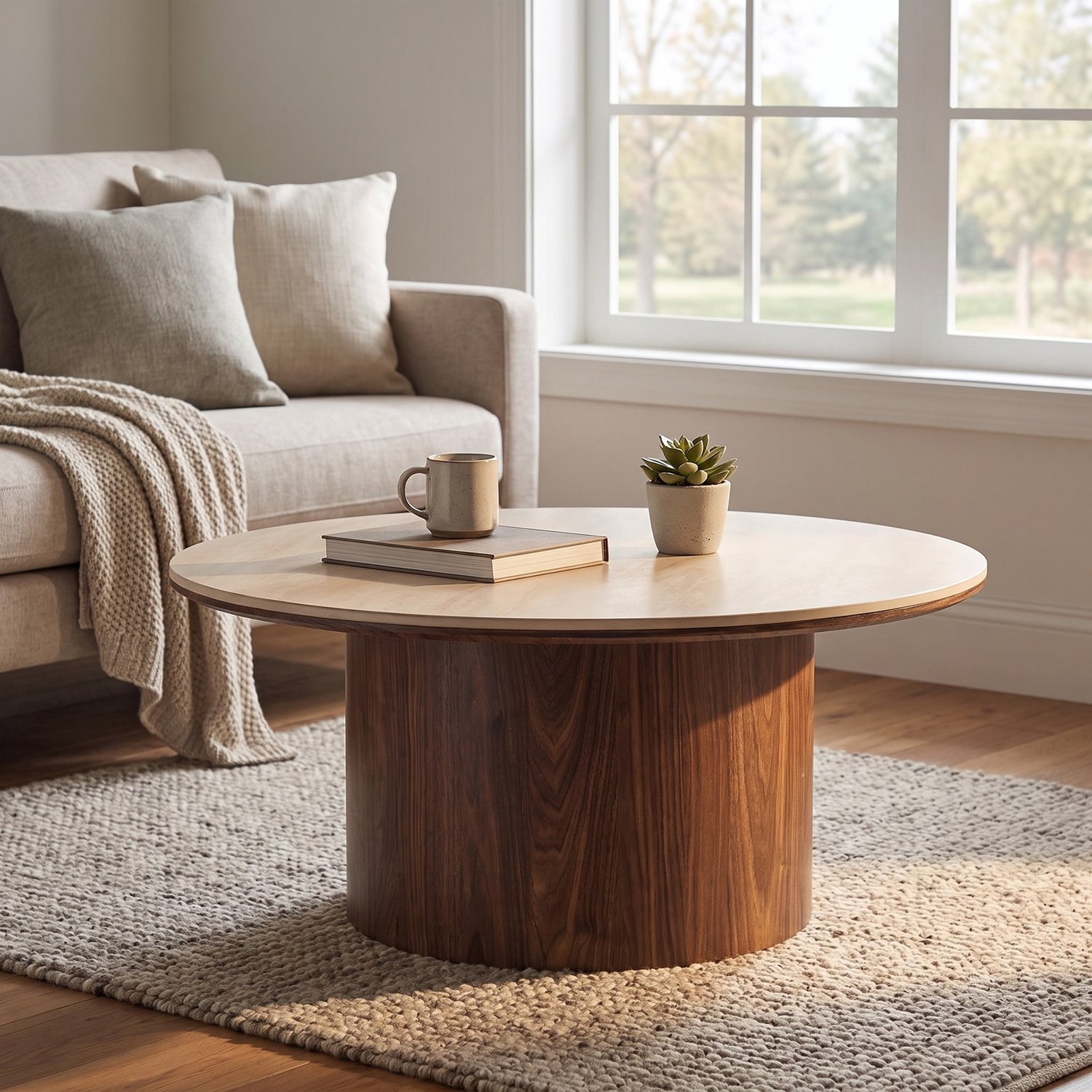House Nordic Minamata salontafel Ø80cm, keramisch tafelblad travertin, walnootdecor. Grijs