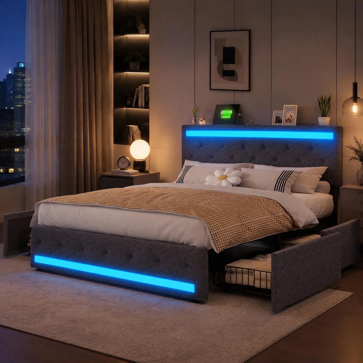 MEXUS Tweepersoonsbed Gestoffeerd bed 160x200 cm met LED en USB, jeugdbed met opbergruimte en lattenbodem,4 laden,opbergbed, bedombouw,Linnen, zonder matras,Grijs
