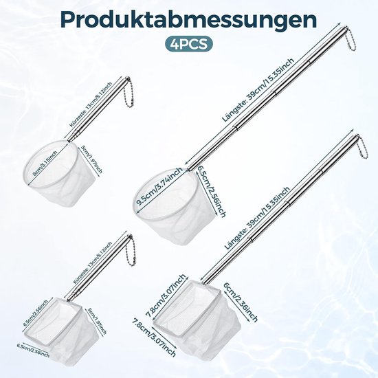 Schepnet voor Aquarium - Zilver - Uittrekbare Handgreep van 13-39 cm - Nylon en Roestvrij Staal - Voor Vissen en Garnalen — afbeelding 2