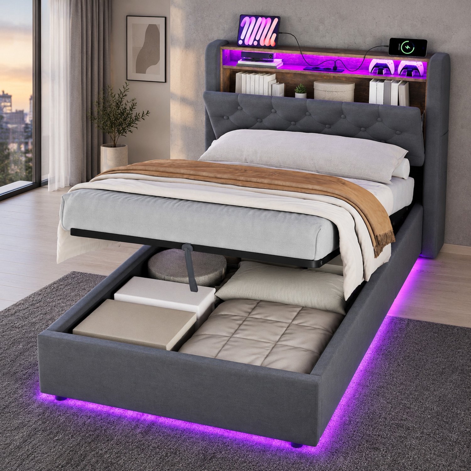 MIVRAY Opbergbed 90x190 Cm - Met Stopcontact - Fluweel Bekleding - Donkergrijs