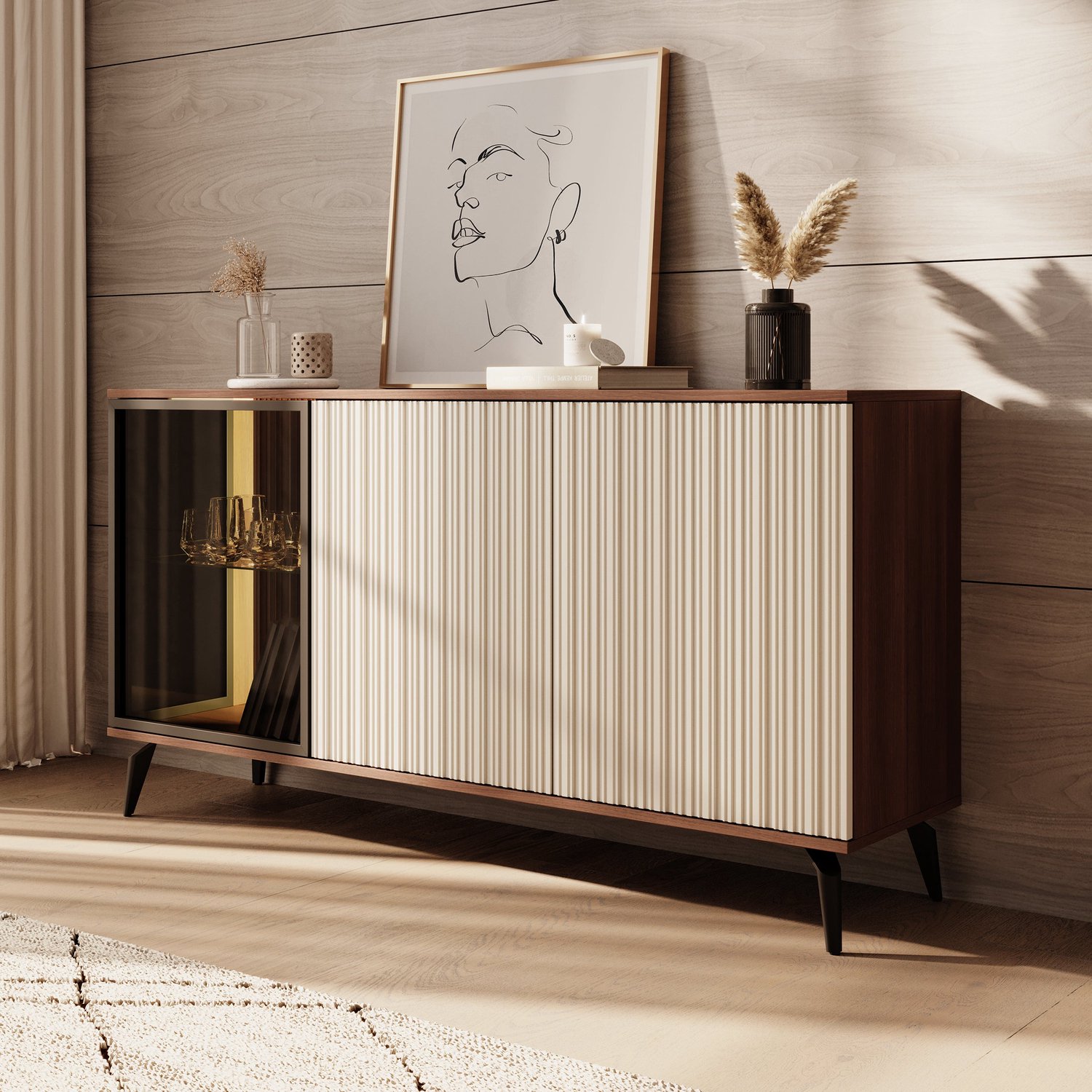MEUBELLA Riverhead - Dressoir - Beige/Eiken - 154x39x80 cm Beige|Bruin