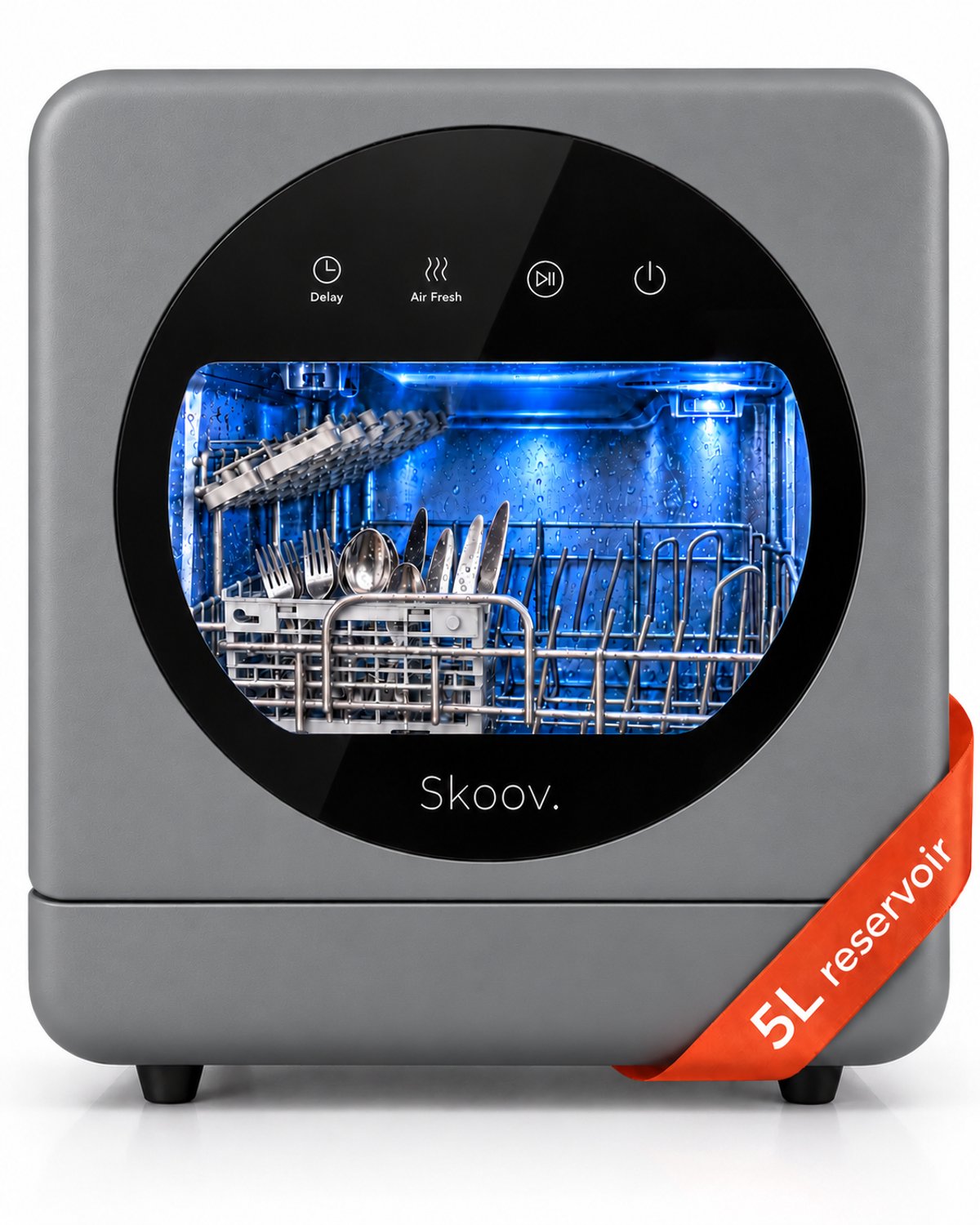 Skoov Vrijstaande mini vaatwasser met waterreservoir - Afwasmachine vrijstaand - Dishwasher - Vaatwas - Met bestekmand - Kleine vaatwasmachine - Smalle - Tafel - Camping - Grijs - Compact - 5 Couverts - 7 wasprogramma’s