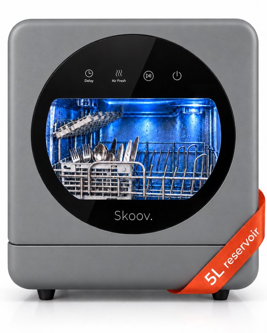 Skoov Vrijstaande mini vaatwasser met waterreservoir - Afwasmachine vrijstaand - Dishwasher - Vaatwas - Met bestekmand - Kleine vaatwasmachine - Smalle - Tafel - Camping - Grijs - Compact - 5 Couverts - 7 wasprogramma’s