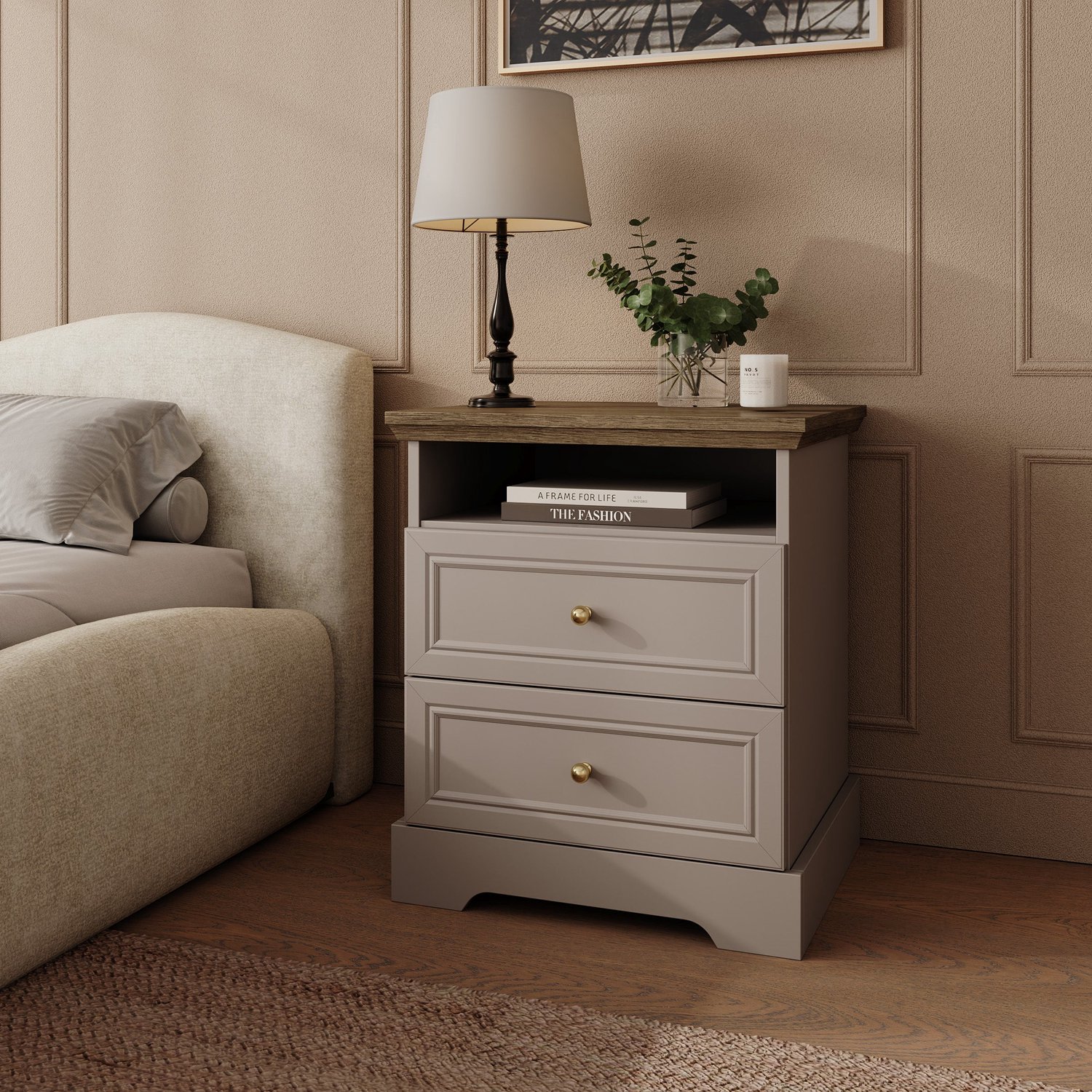MEUBELLA Kresto - Nachtkastje - Beige/Eikenpatroon - 55x40x63 cm Beige|Bruin