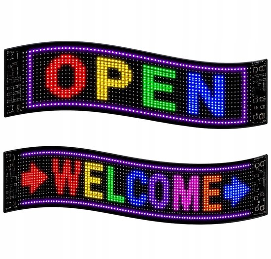 Twee flexibele led-panelen met de teksten OPEN en WELCOME in kleurrijke pixelverlichting.