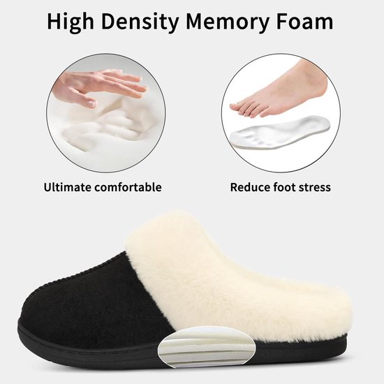 Zwarte pantoffel met memoryfoam-zool, met details over comfort en voetondersteuning en een dwarsdoorsnede van de zool.