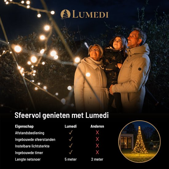Gezin kijkt naar verlichte Lumedi boom; tabel toont voordelen t.o.v. concurrentie, zoals timer en afstandsbediening.
