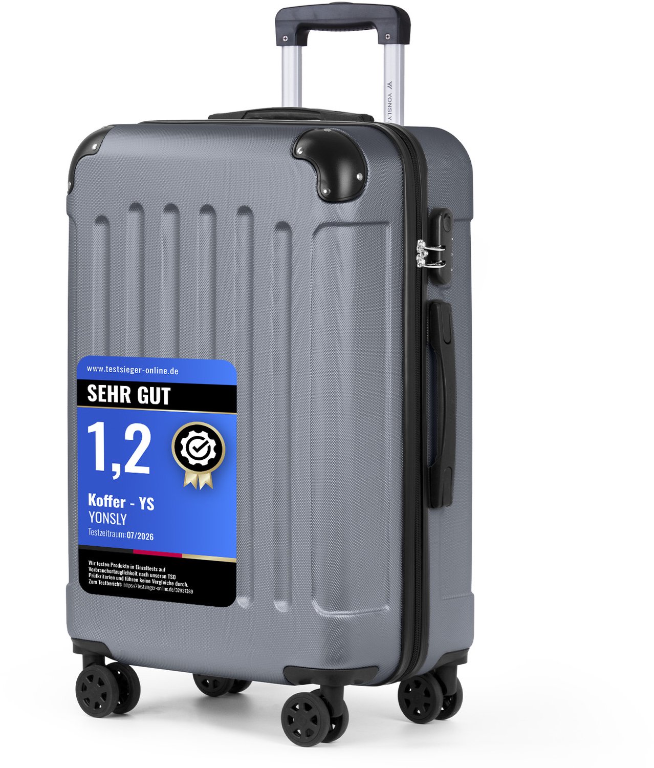 YONSLY Handbagage Koffer - 66cm - 66 L - Cijferslot- 360° Draaibare Wielen - Trolley- 66 x 43 x 26 cm - Grijs