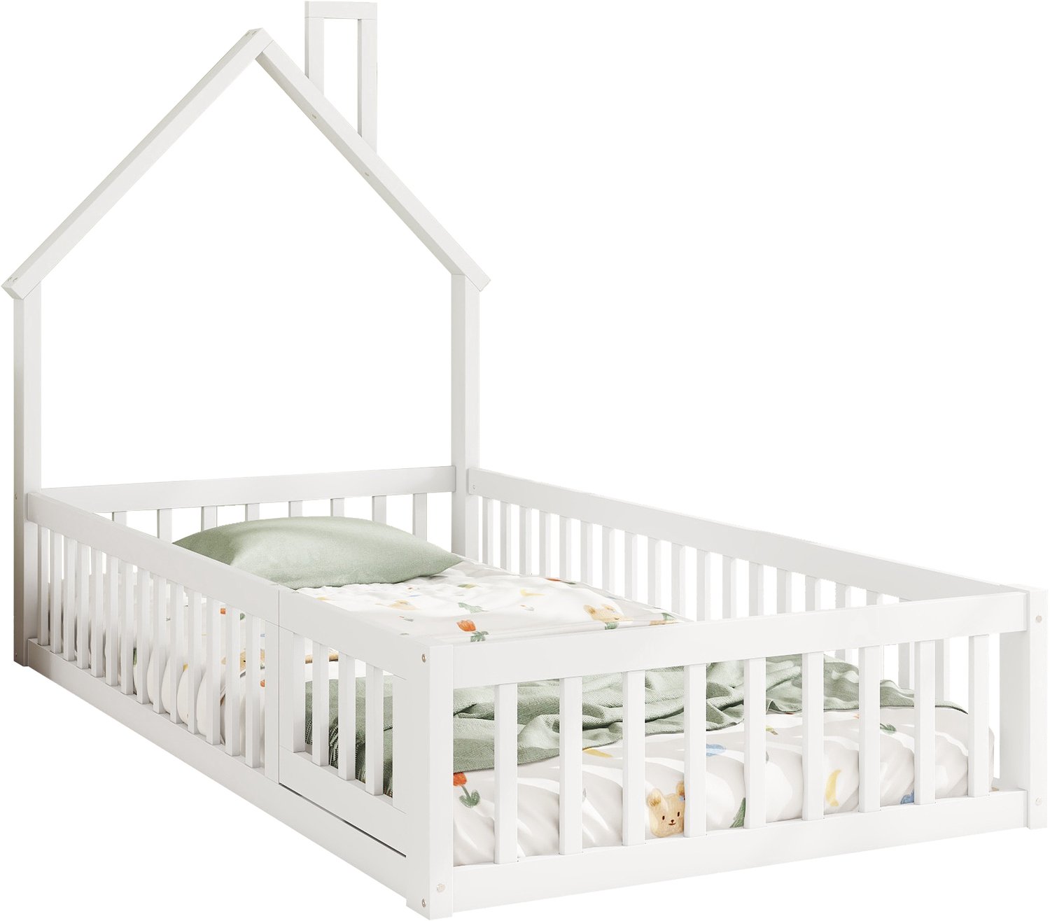 Huisbed 90 x 200 cm - Wit Kinderbed Met Lattenbodem En Schoorsteen - Kinderbed Van Grenenhout En MDF Met Uitvalbeveiliging