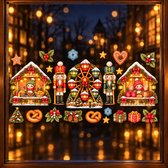 Kerstmarkt raamstickers met kramen, notenkrakers, reuzenrad, krakelingen, cadeaus en hulst op een wazige achtergrond.