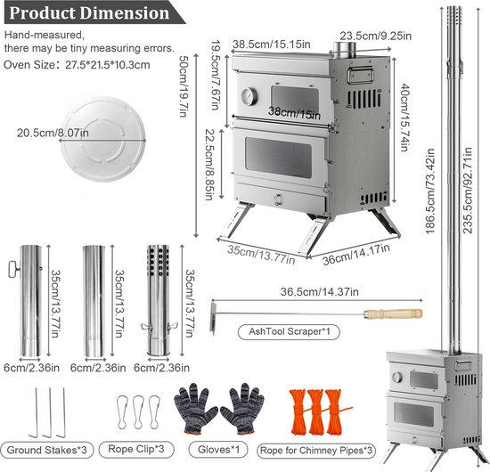 unho Tentkachel met oven - RVS houtkachel - Afneembare oven met thermometer - Zilver 5条 Highlights — afbeelding 2
