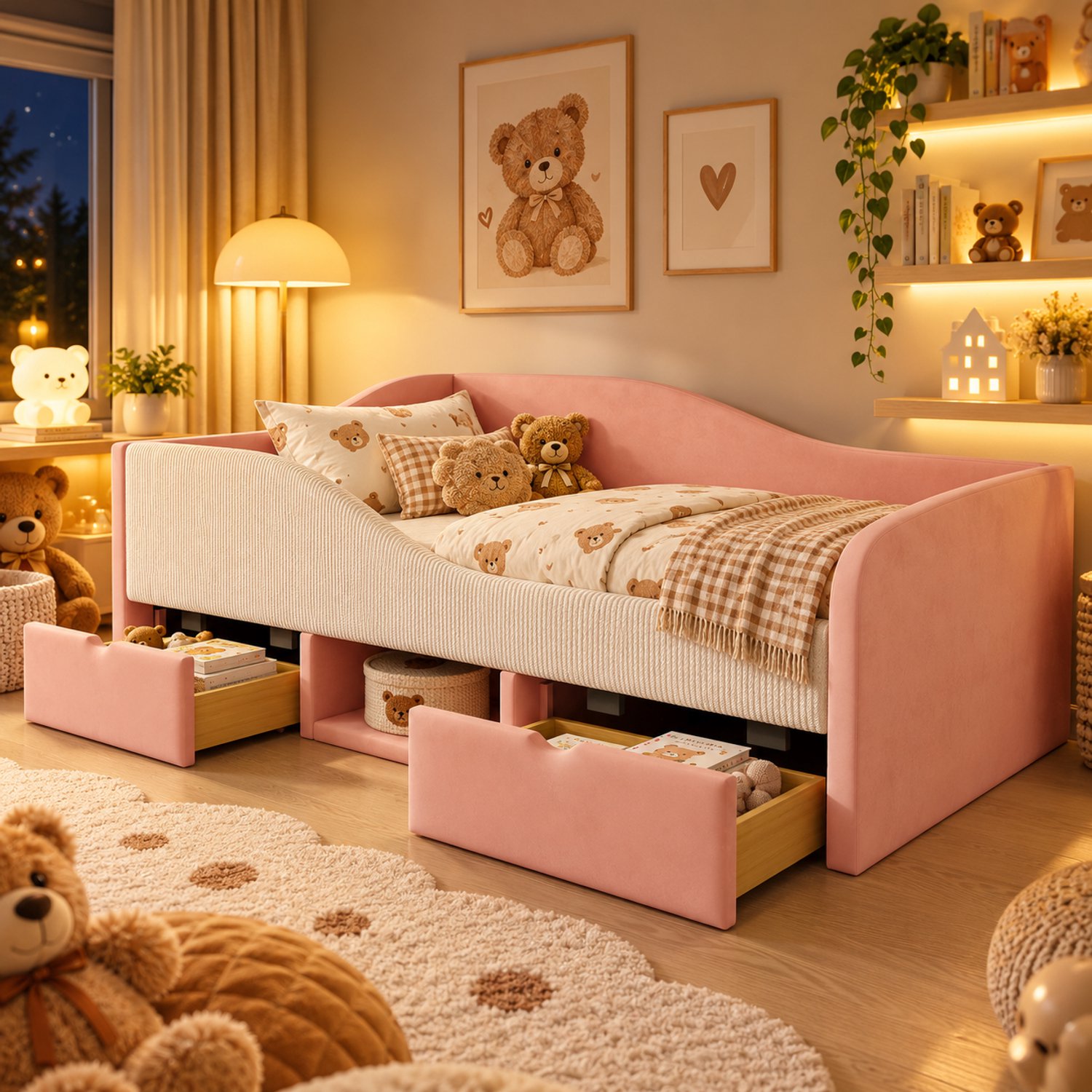 Welltin Eenpersoonsbed 90x190 cm - Kinderbed - Gestoffeerd bed - Multifunctioneel bed - Opbergbed - Met lades - Met vangrails - Fluwelen stof - Beige,roze
