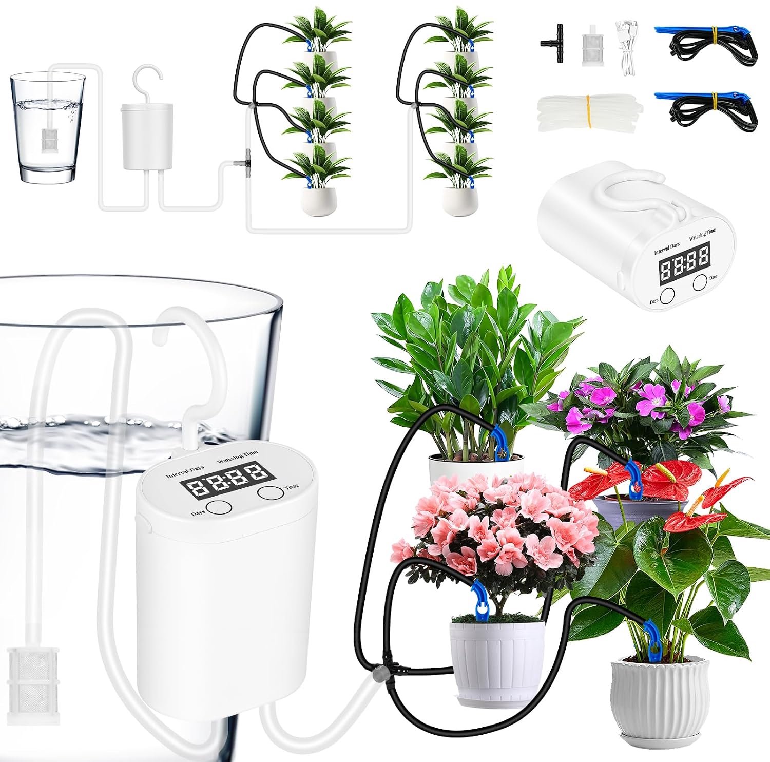 KZQ Automatisch bewateringssysteem – Automatische irrigatieset – Automatische bewatering voor 8 planten binnenshuis – Oplaadbare druppelirrigatieset met slangen
