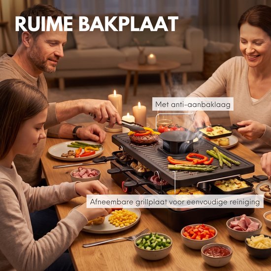 Gourmetstel met ruime, afneembare grillplaat met anti-aanbaklaag, ideaal voor een gezellig diner met familie.