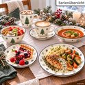 Serviescollectie met kerstboommotief bestaande uit kommen, mokken en borden met sneeuwvlokken.