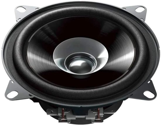 Zwarte Pioneer autoluidspreker met een centrale zilverkleurige conus en een stevige metalen montageplaat.