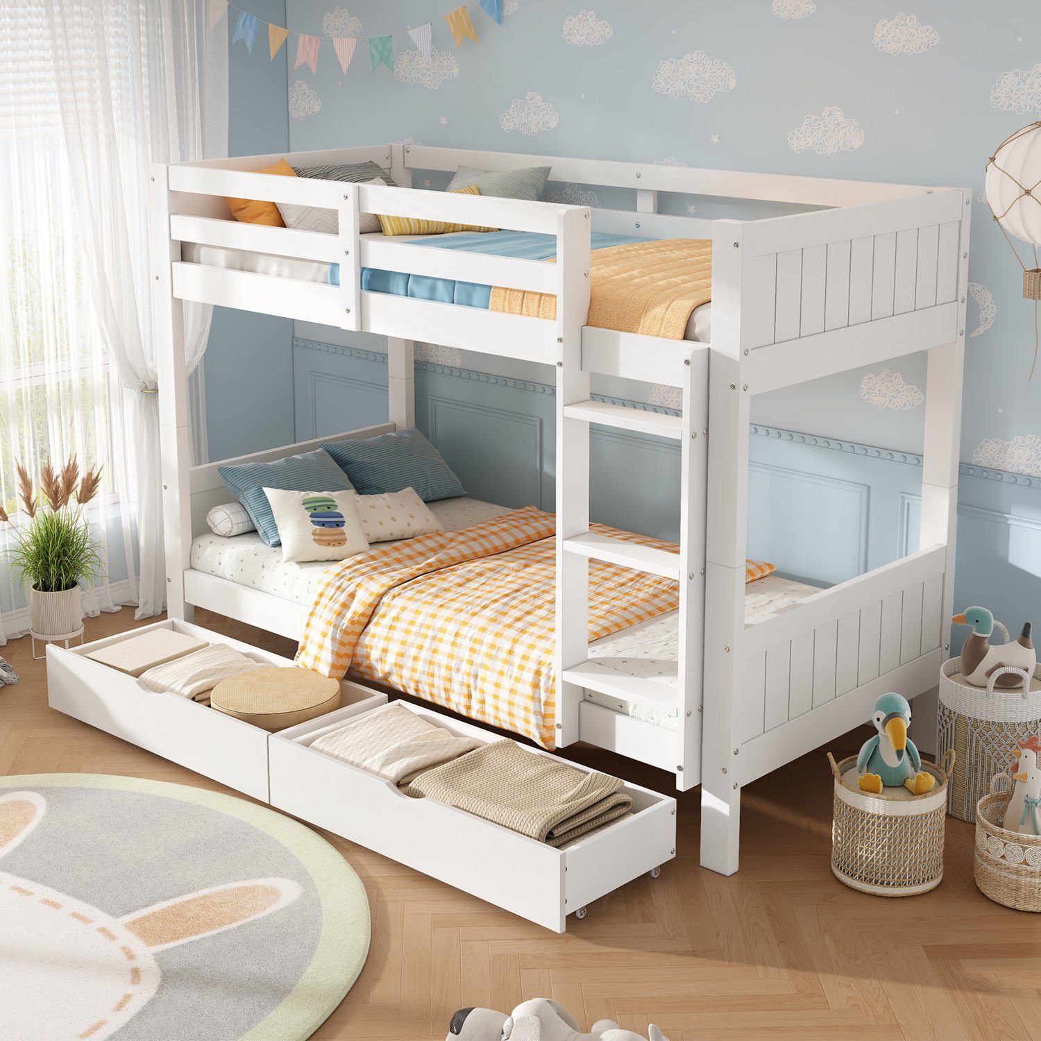MIVRAY Stapelbed 90 x 200 cm - Deelbaar Met 2 Lades, Ladder En Veiligheidshek - Voor Kinderkamer En Logeerkamer - Hout - Wit - Zonder Matras