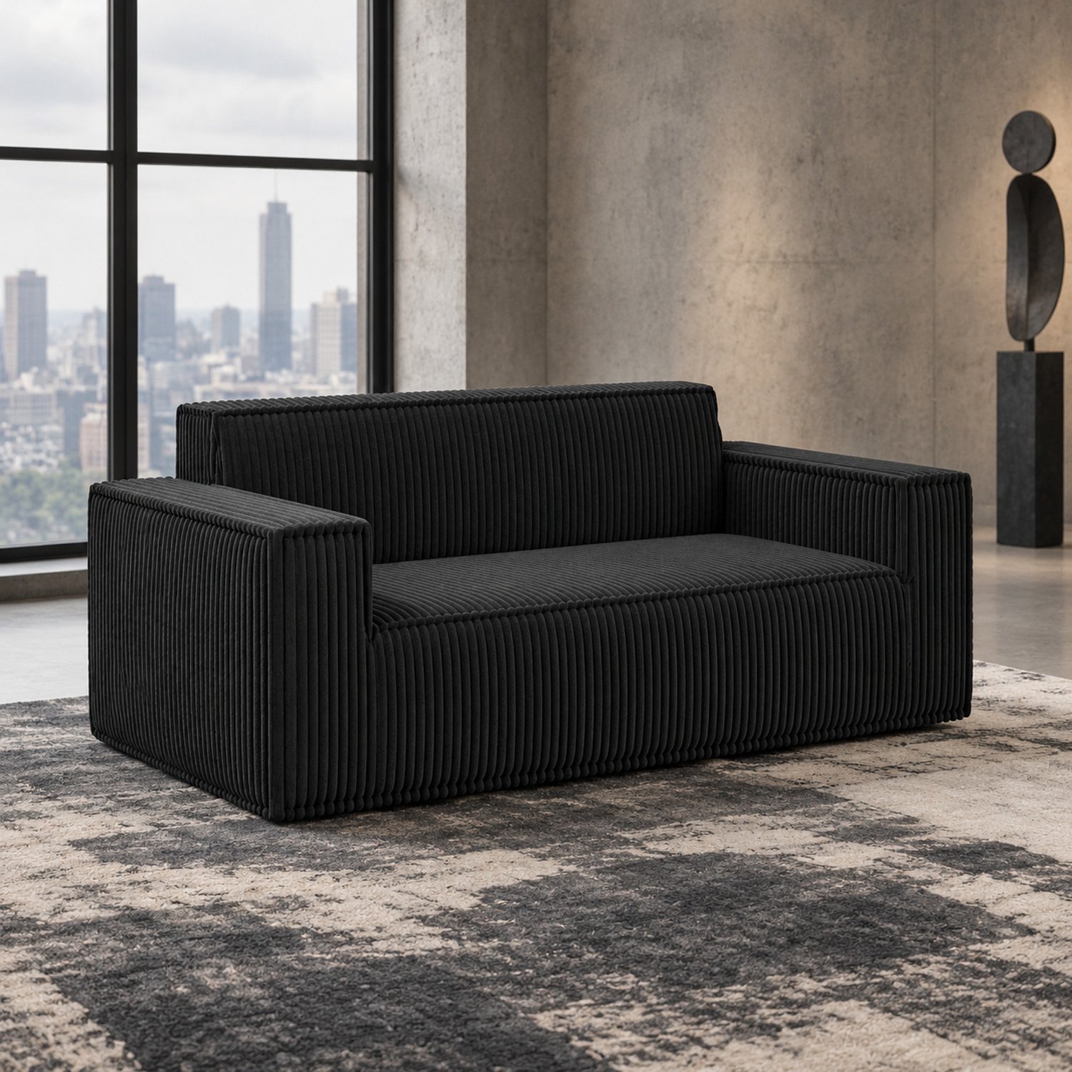 WUVRIE 2-zitsbank 178x86x70 cm - Ribfluweel, diepe zitting en geen montage - Zwart