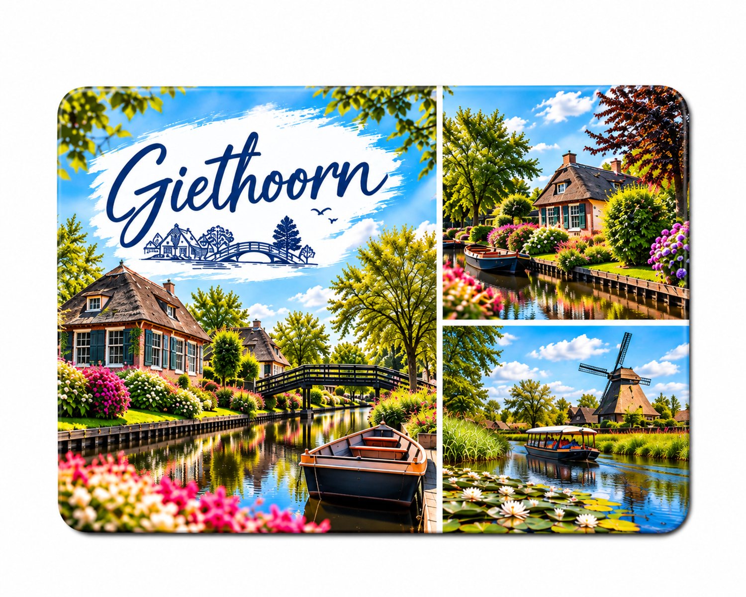 Koelkastmagneet MDF Giethoorn 9 x 7 cm – Rechthoekige souvenir met grachten en bootjes