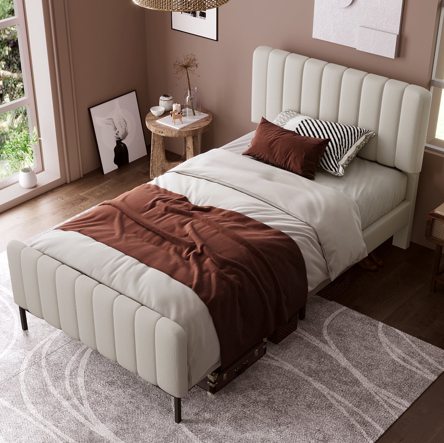 MIVRAY Eenpersoonsbed 90 x 190 cm - Verstelbaar Hoofdeinde met Lattenbodem - Zonder Matras - Voor Slaapkamer en Jeugdkamer - Stof - Licht Beigegrijs