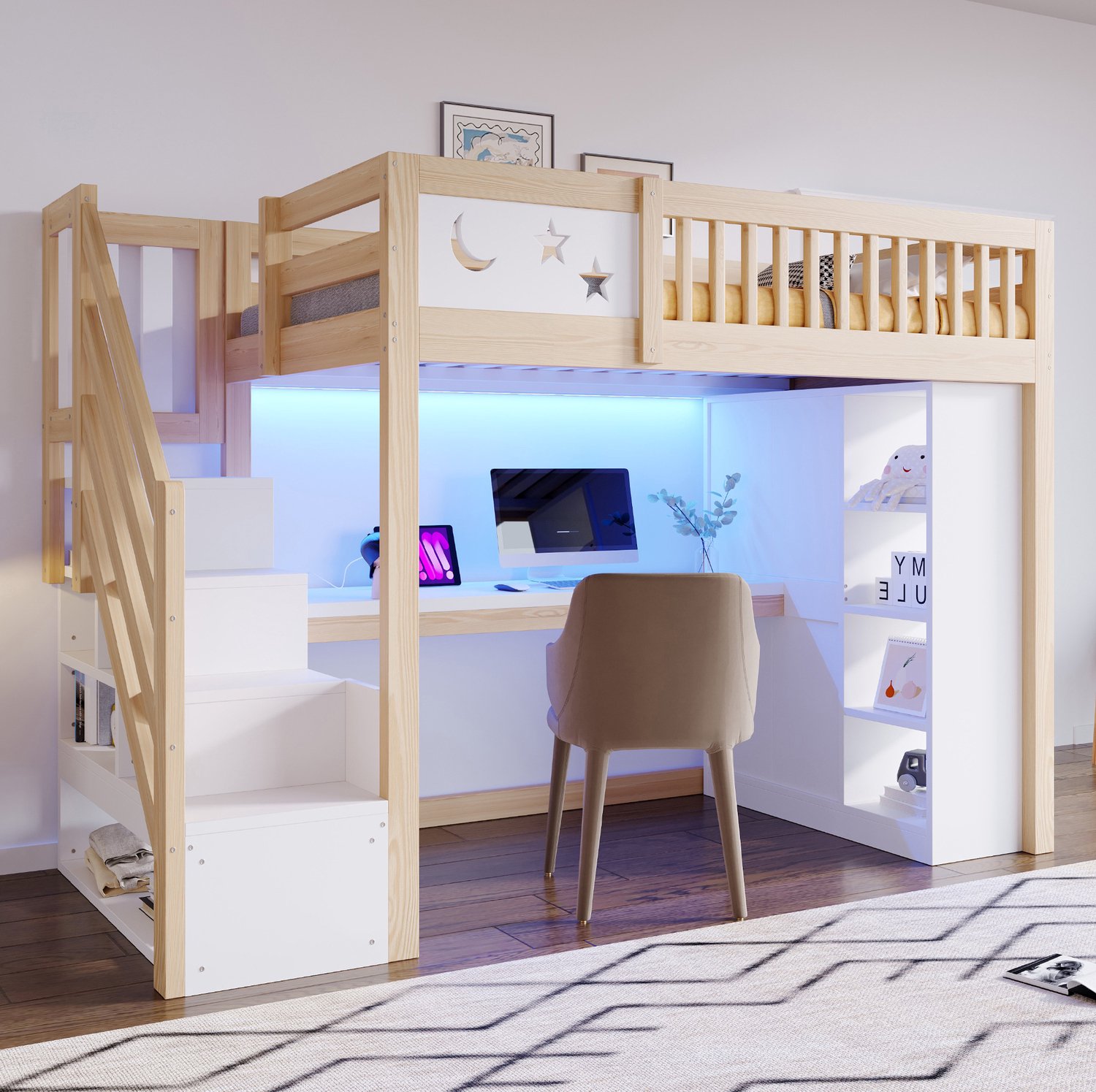 MODENUIT Hoogslaper – 90 x 200 cm – Bureau Met Ledverlichting En Stopcontacten – Hout En MDF – Naturel En Wit
