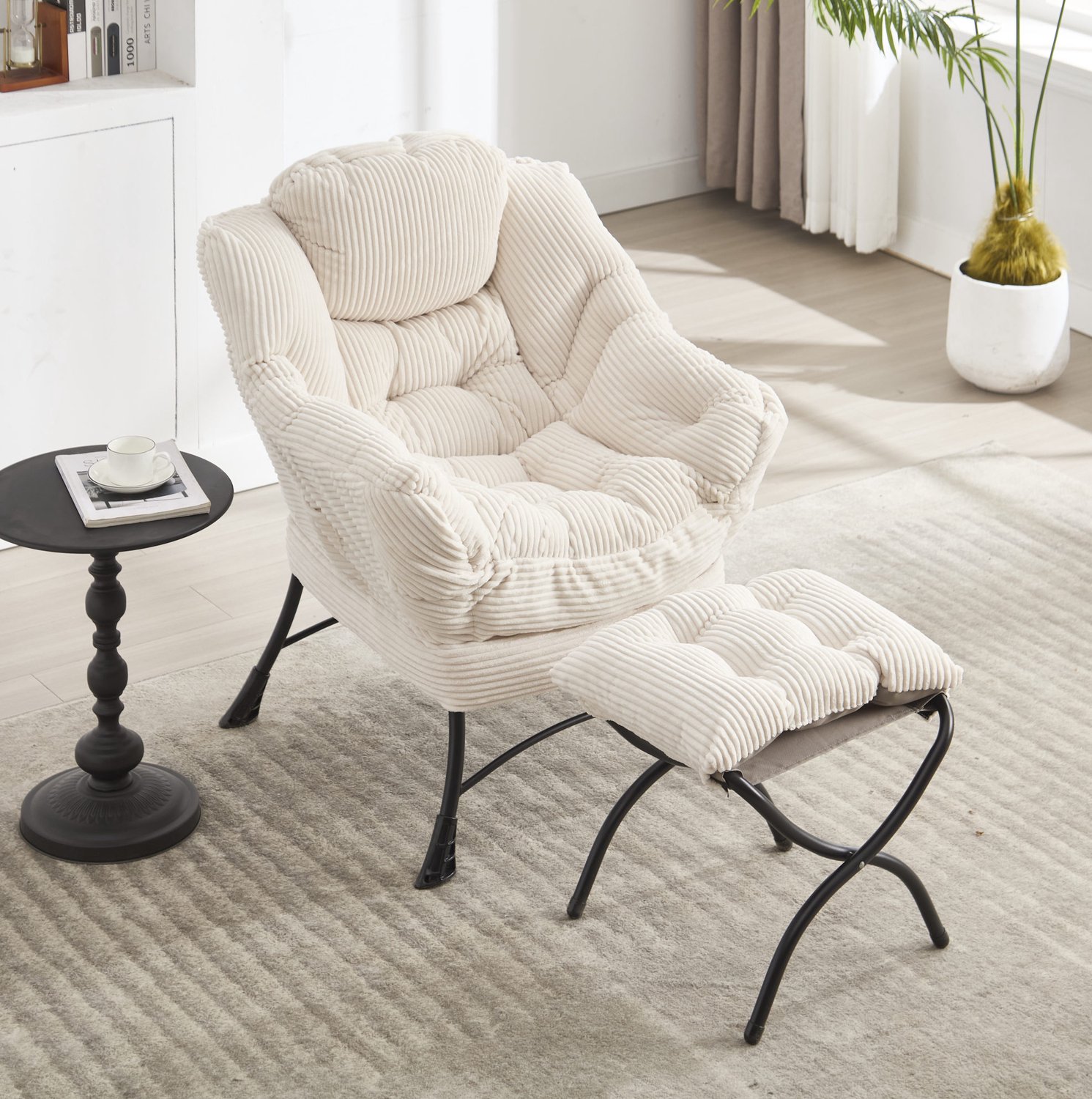 CHICFURN Fauteuil - Met hocker en zijvak - Stalen frame - Wit