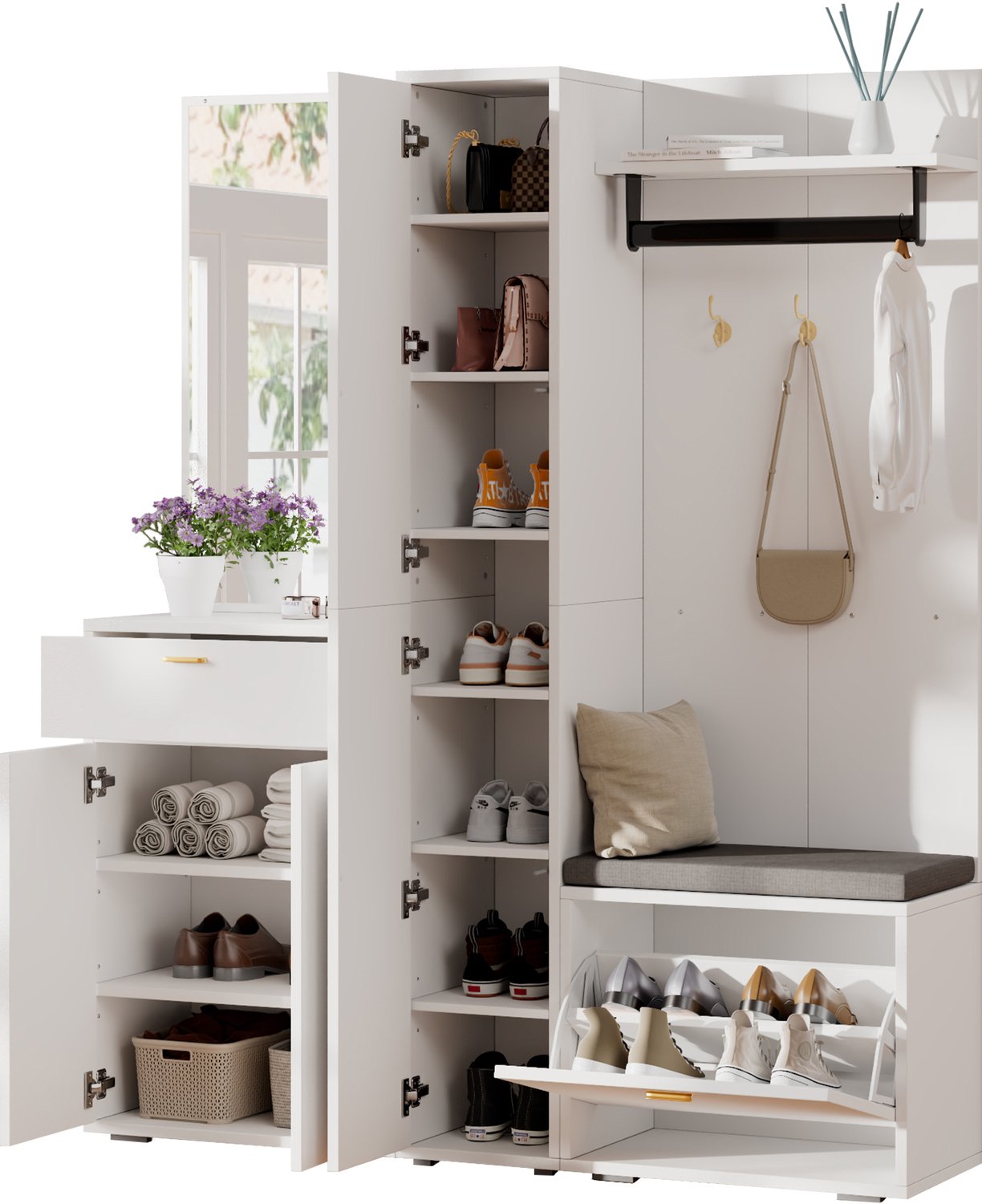 Witte garderobeset - 150 x 36 x 180 cm - Met kledingroede en schoenenklepvak - Spiegel en zitbank - Spaanplaat en MDF voor de hal en entree