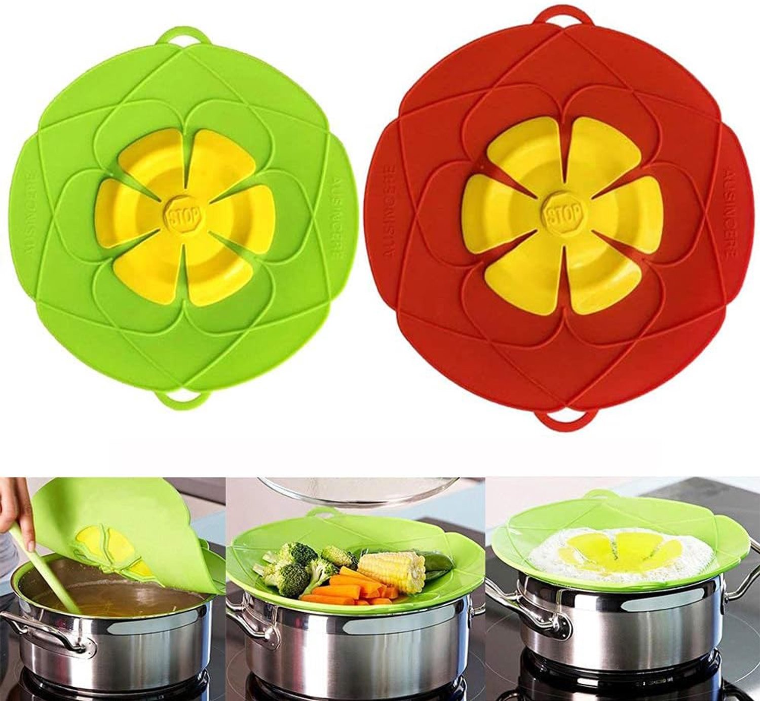 Overkookbeveiliging / Deksel tegen morsen en overkoken, siliconen deksel, multifunctioneel keukenhulpmiddel (11 inch (rood) + 10,2 inch (groen))