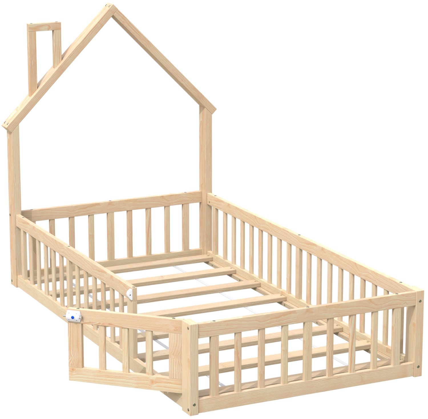 Huisjesbed 90 x 200 cm - Met Lattenbodem En Uitvalbeveiliging Rondom - Met Schoorsteenvorm - Grenenhout En MDF - Naturel Voor De Kinderkamer