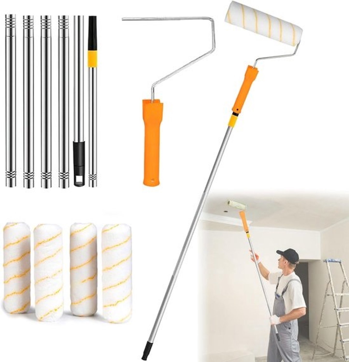 Set met verfrollers - Telescooproller voor muren - Muren verven - Lengte aanpasbaar - 30-180cm - Grijs