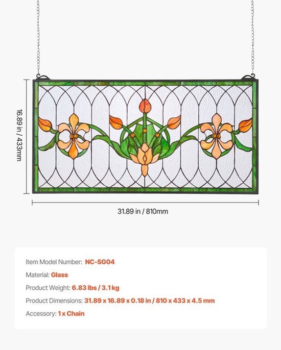 Glas-in-Lood Raampaneel Hangend - 810 x 433 mm - Glas - Vintage Decoratie - Raamdecoratie — afbeelding 3