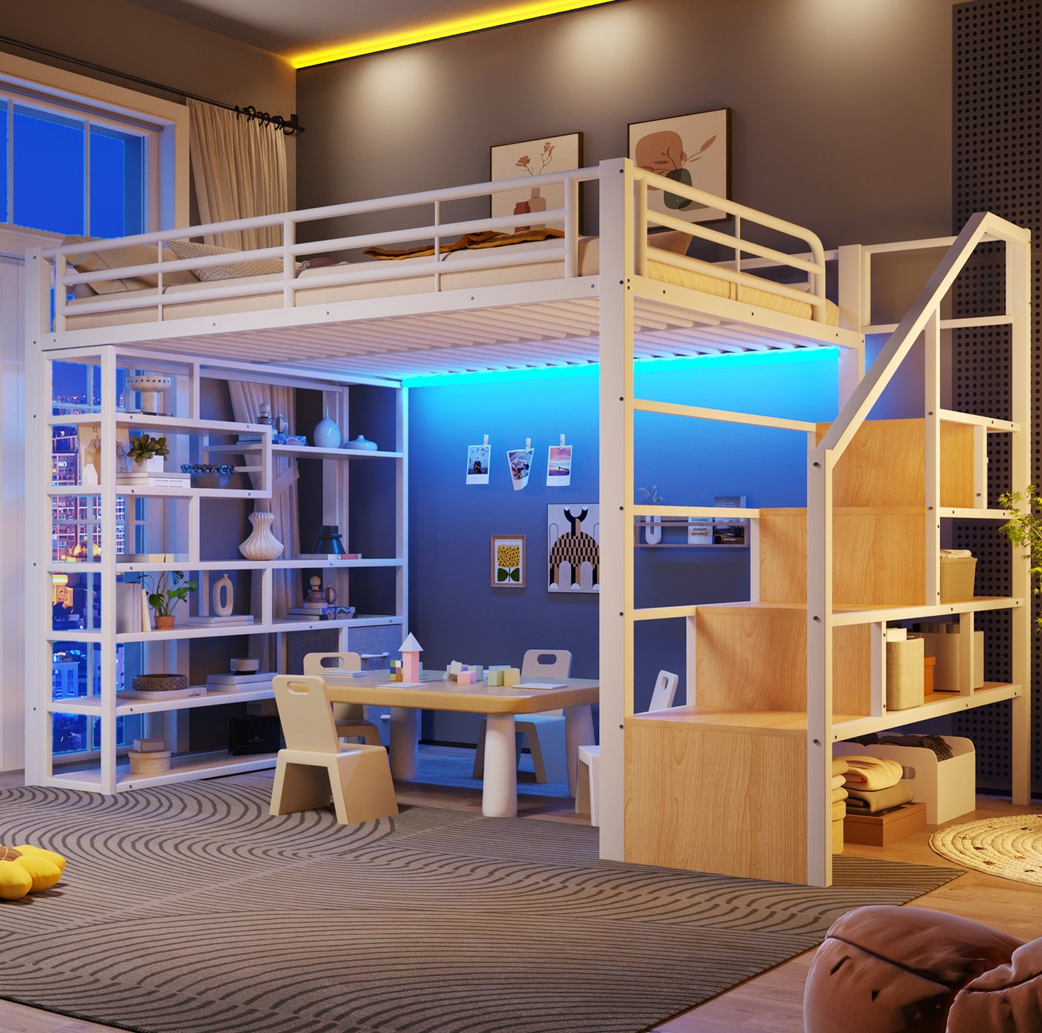 COVREO Hoogslaper met LED en opslag – 140x200 cm – Kinderbed met trap en uitvalbeveiliging – MDF en metaal – Wit - zonder matras