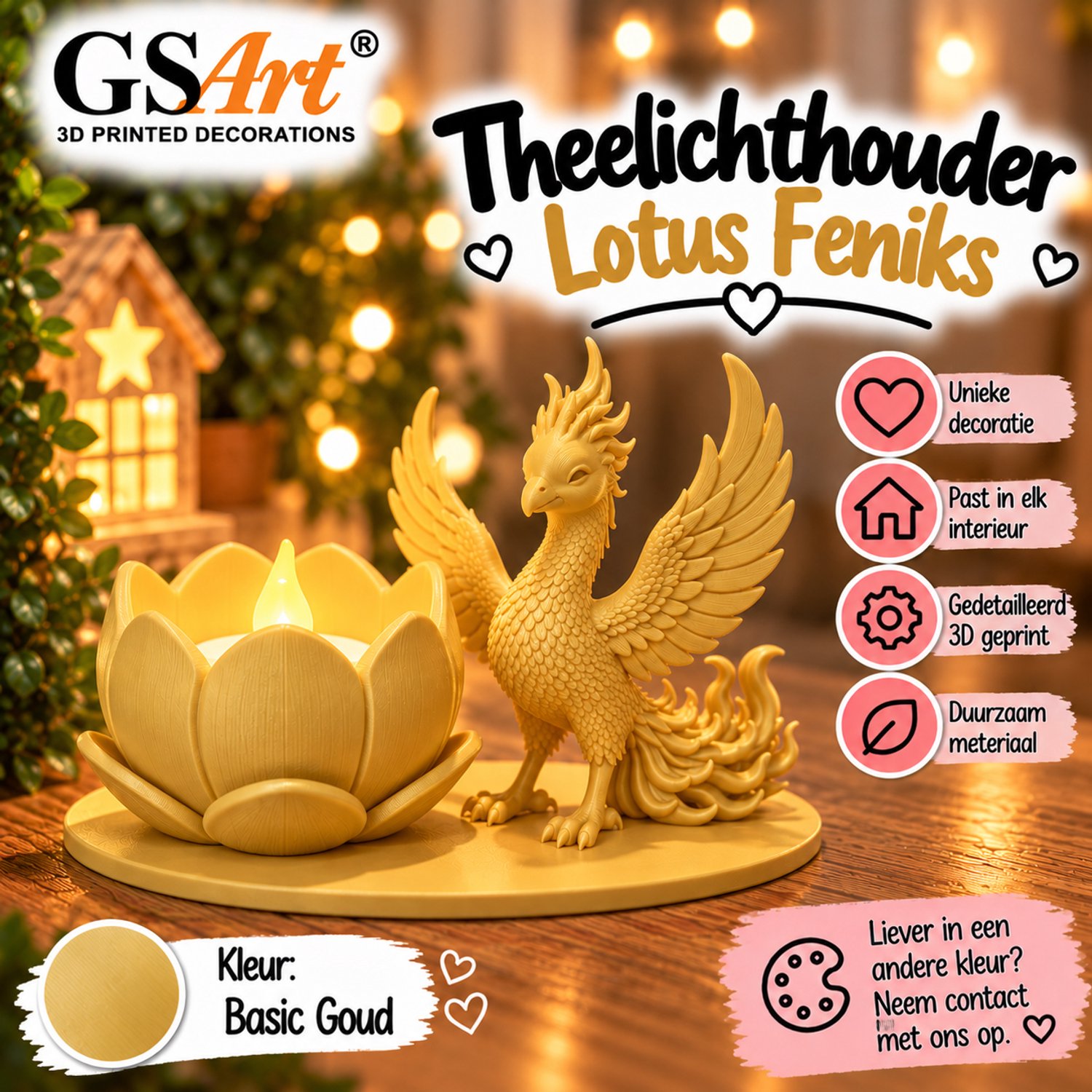 GSArt Theelichthouder Lotus Feniks – Inclusief LED Theelichtje – 3D Geprint - Basic Goud