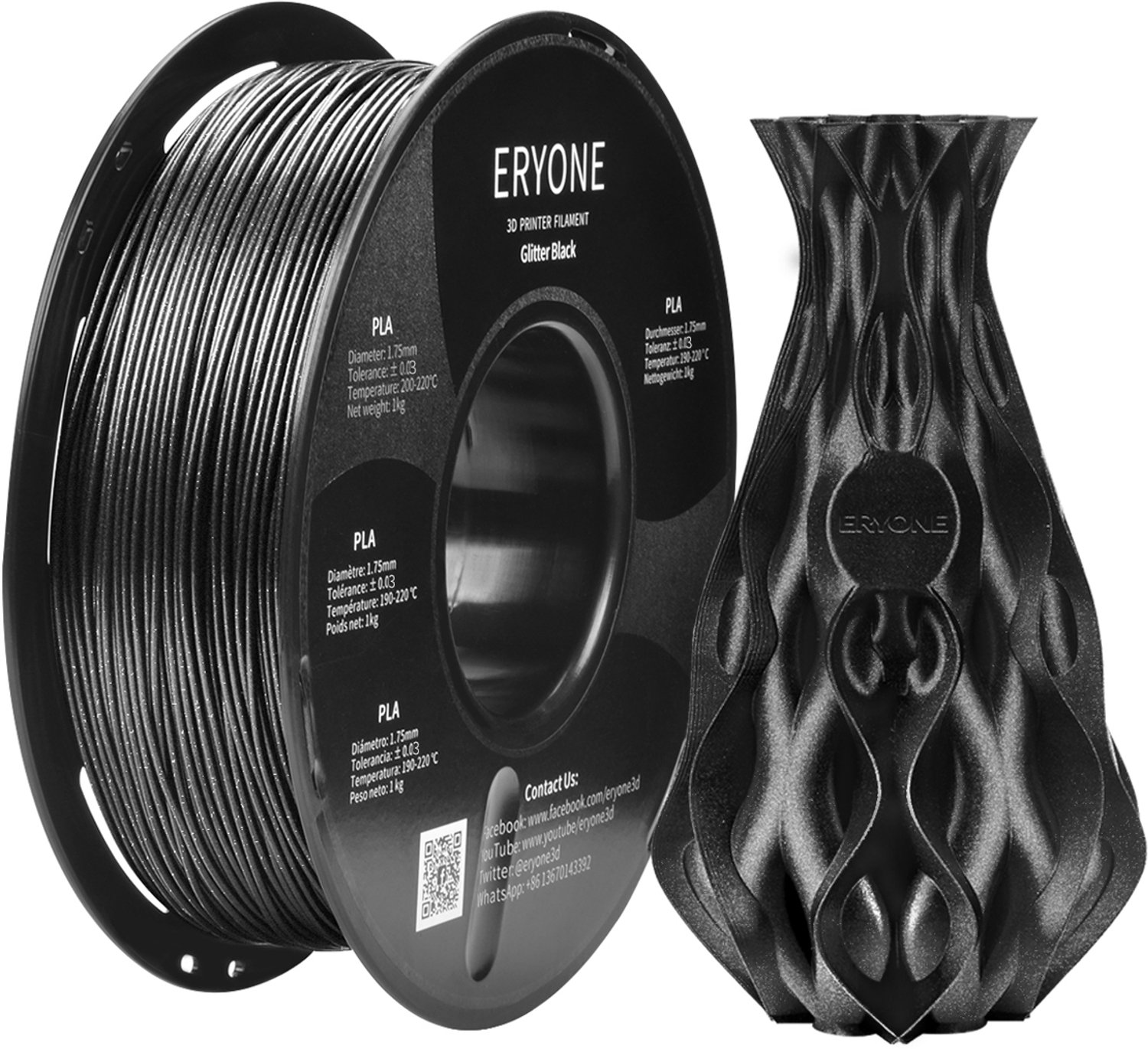 Eryone Galaxy Black - PLA Filament - 1Kg 1.75mm - Voor 3D-printer en 3D-pen - Zwart