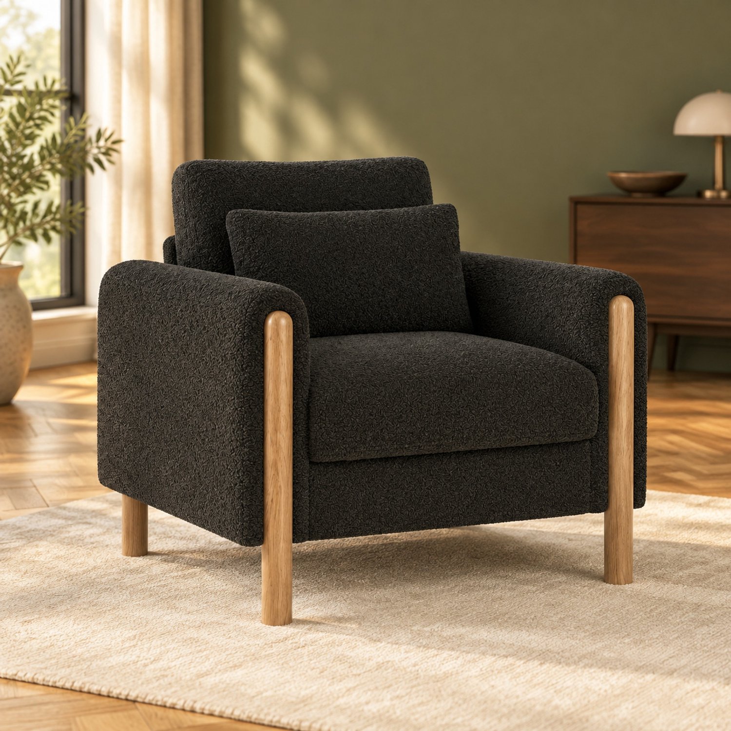 WUVRIE Fauteuil 87x83x88,5 cm - Teddystof, afneembaar zitkussen en houten poten - Donkergrijs