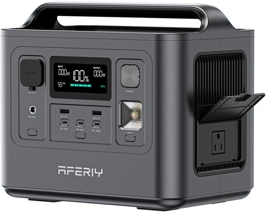 AFERIY draagbare powerstation in donkergrijs met LED-display, diverse poorten en een opvouwbare handgreep.